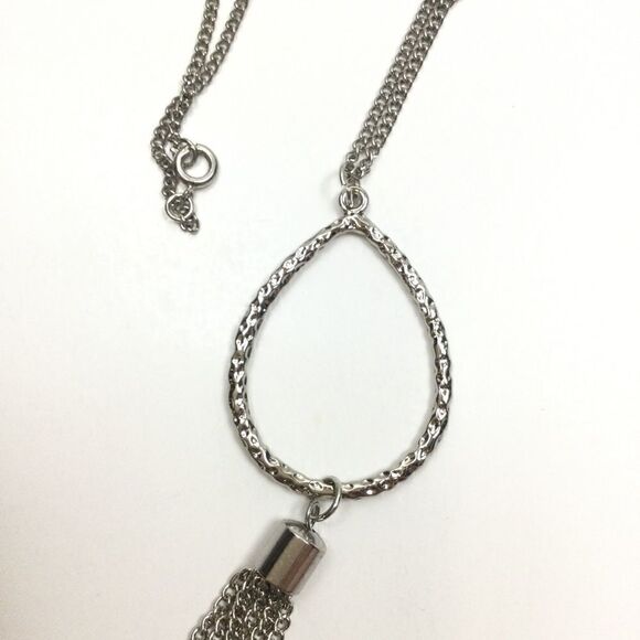 Silver Chain Necklace, Pounded Silver Drop, Tassel - Picture 5 of 9